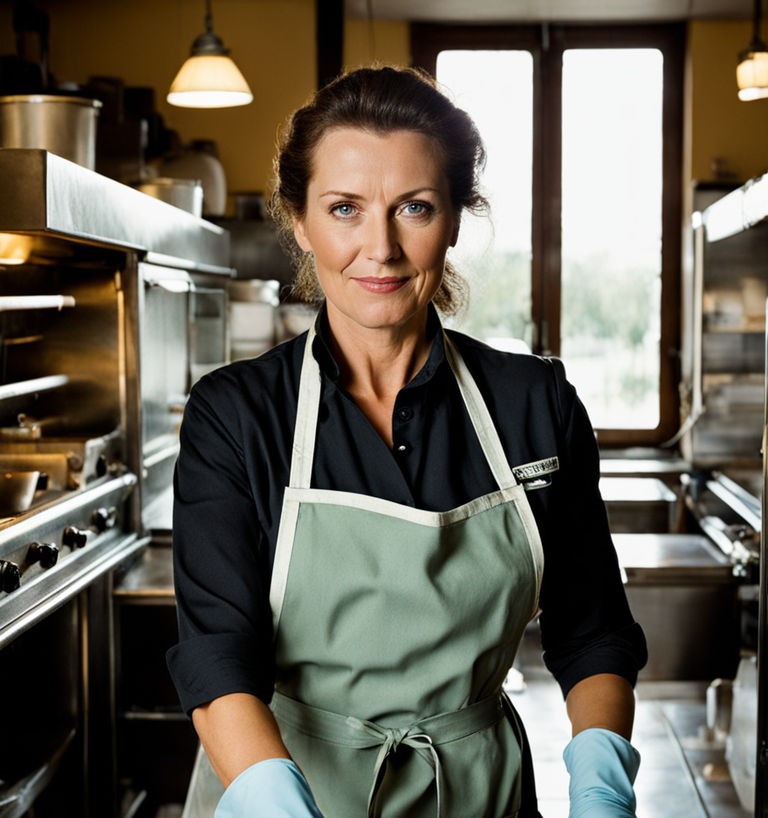 female-european-cleaner-in-a-kitchen-of-a-restaurant-35-years-ago---natural-light-and-shadow